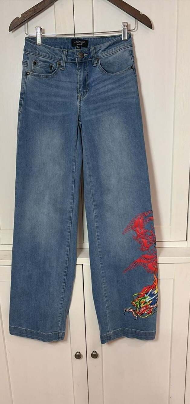 Ed Hardy Dragon Baggy Jean Size 24 Blue Graphic Denim